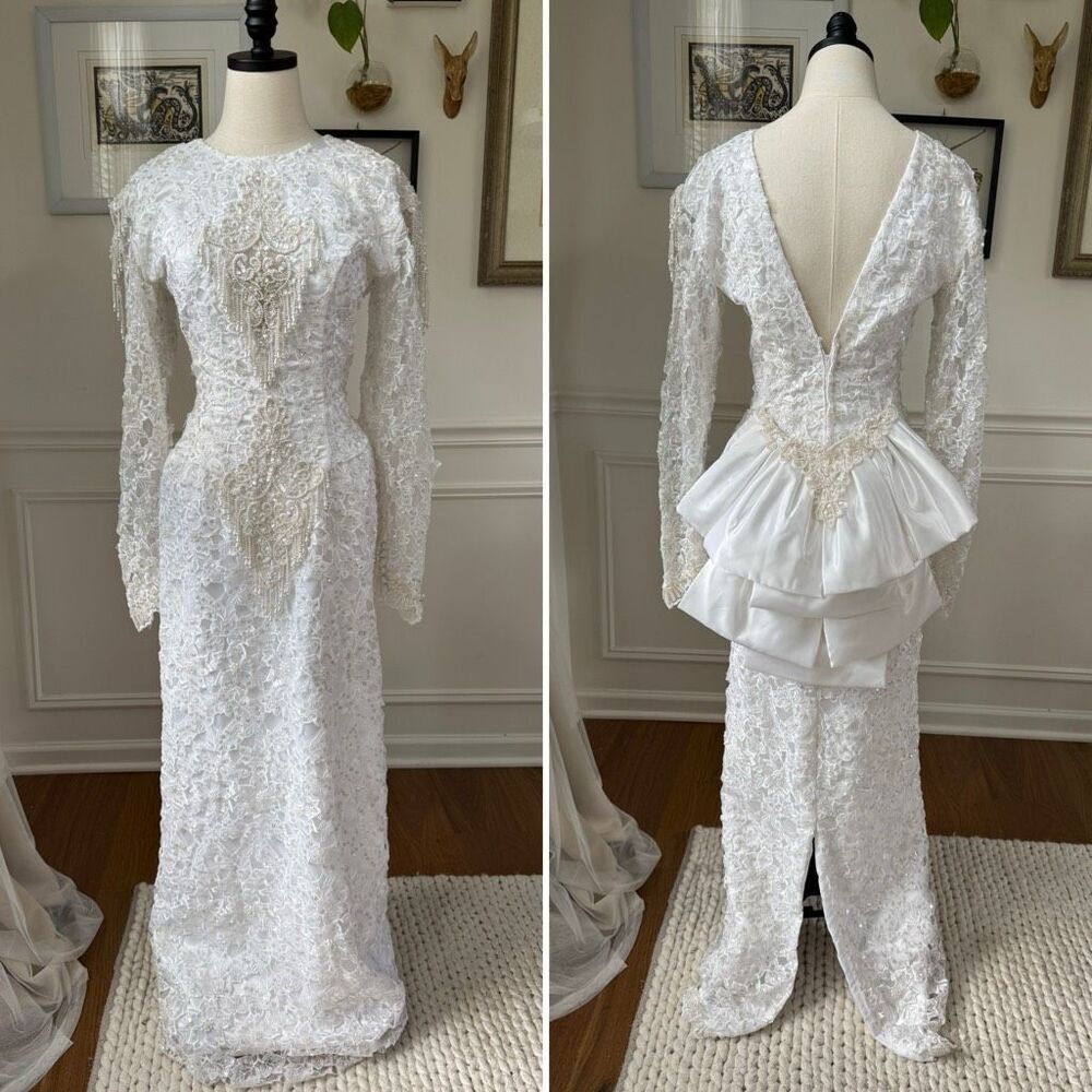 Vintage 80s Wedding Dress Heavily Embellished Long Sleeve Plunging Back S M 6